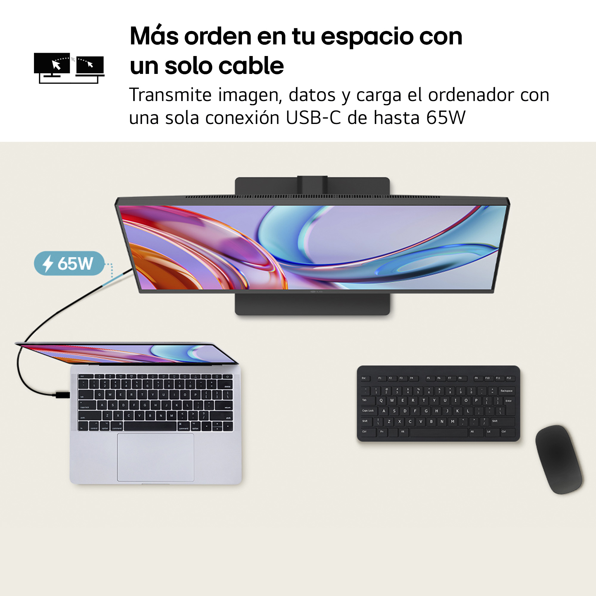 Un portátil, monitor, teclado y ratón conectados por cable USB-C.