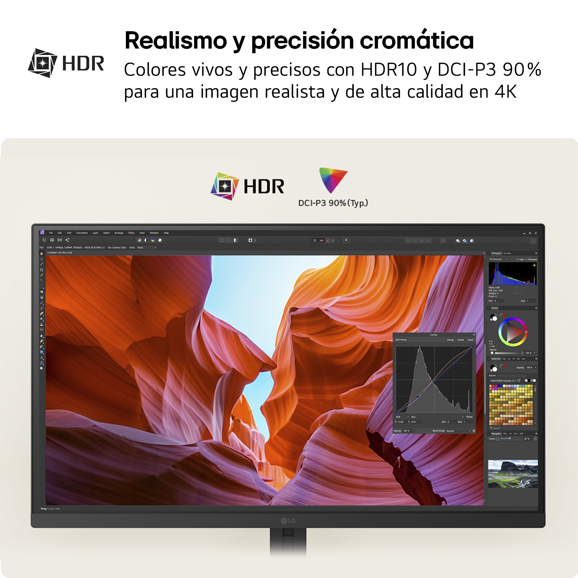 Un monitor muestra una imagen de cañón; se ven logotipos HDR y DCI-P3.