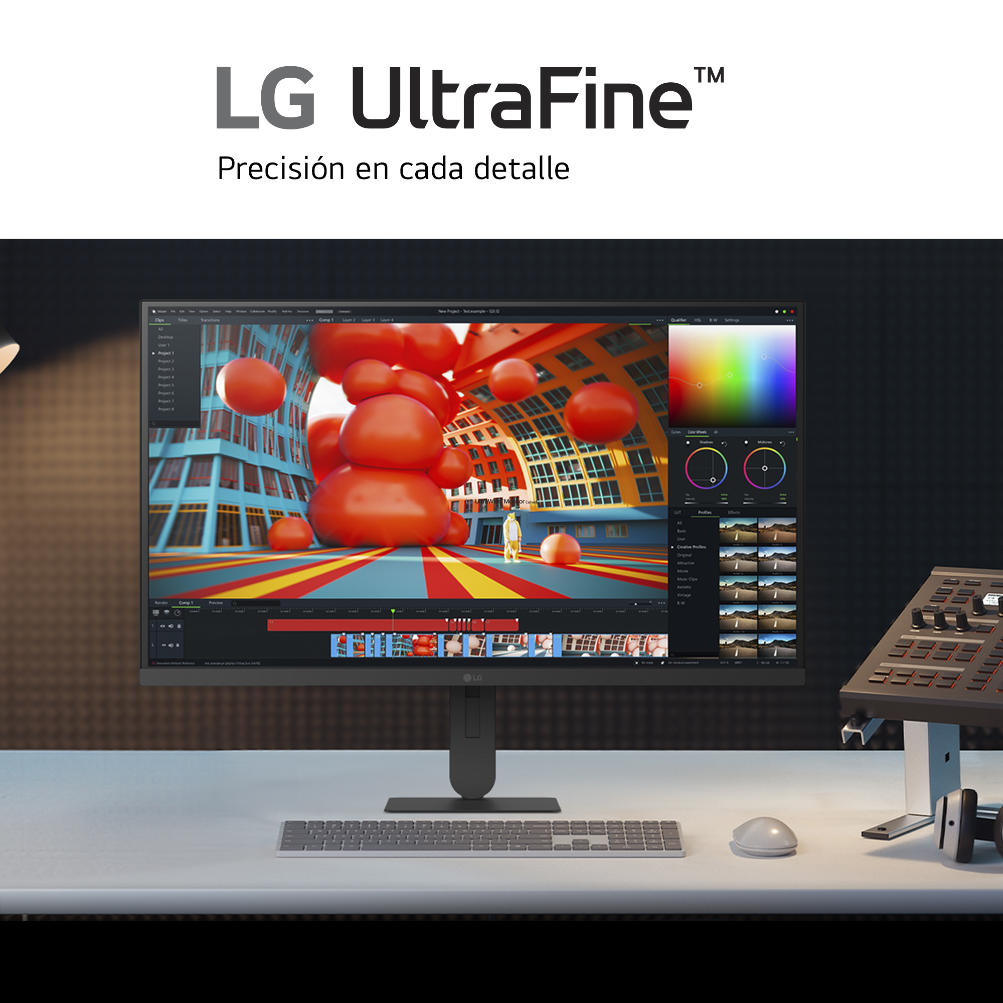 Monitor LG UltraFine muestra software de edición de video con gráficos 3D.