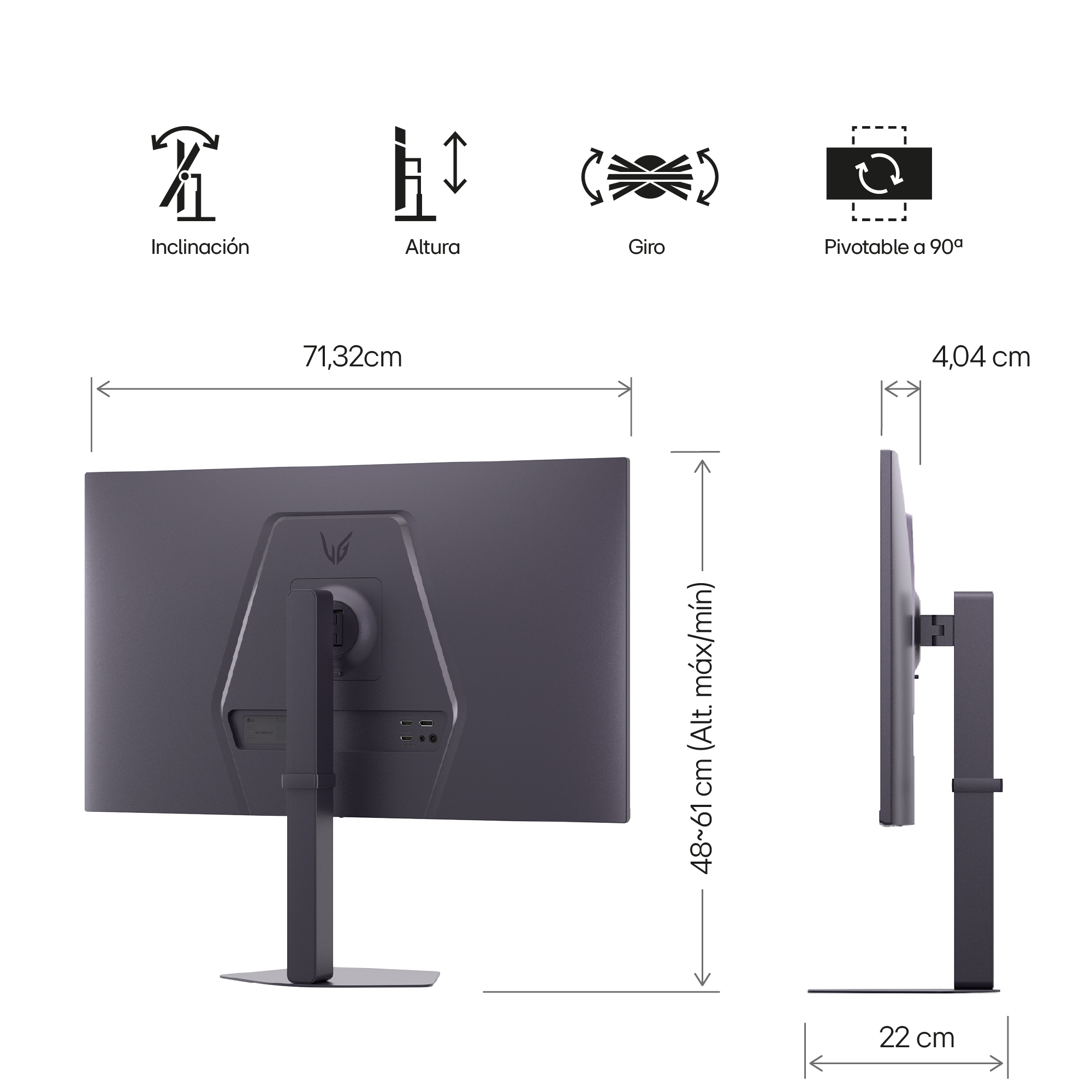 Vista trasera de un monitor con dimensiones: 71,32cm ancho, 48-61cm alto, 22cm profundo, 4,04cm grosor.