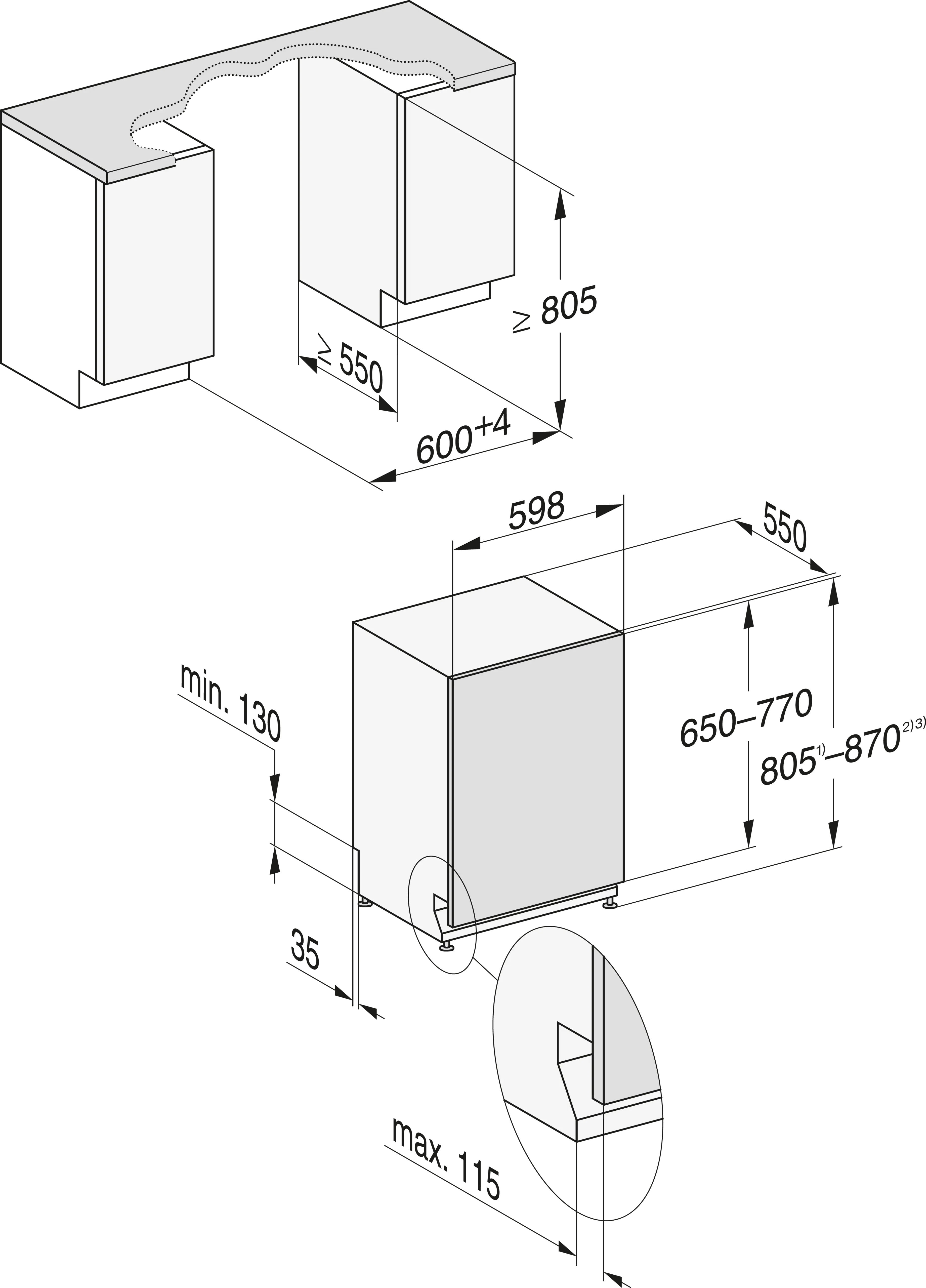 Dibujo técnico de un electrodoméstico integrable con dimensiones y notas.