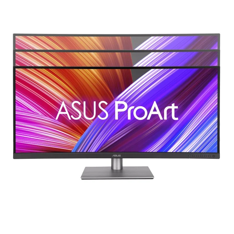 Dos monitores ASUS ProArt apilados, con diseño abstracto y colorido.