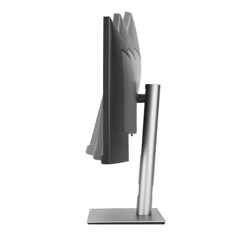 Un monitor plateado con un soporte moderno, sobre fondo blanco.