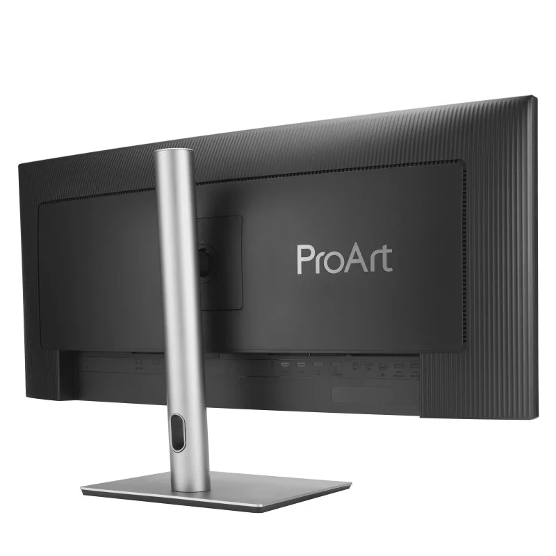 Parte trasera de un monitor negro con soporte plateado y logo ProArt.