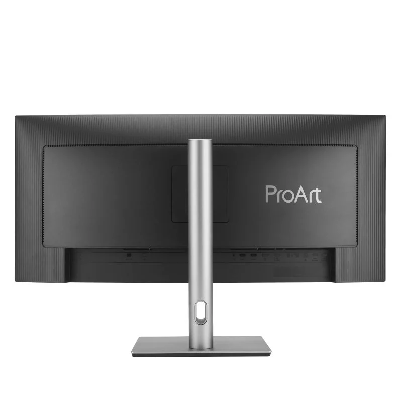 Parte trasera de un monitor negro con soporte plateado y logo ProArt.