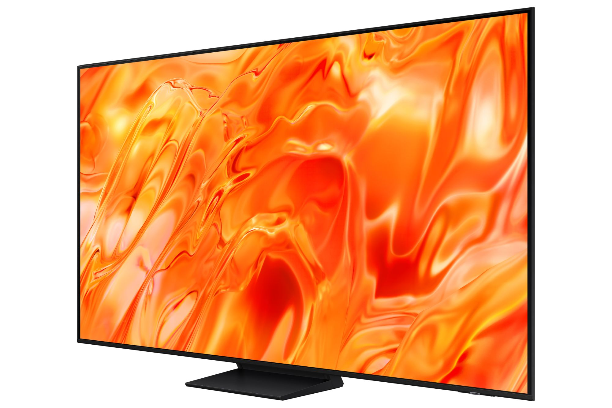Un televisor negro moderno con un patrón abstracto naranja en su pantalla.
