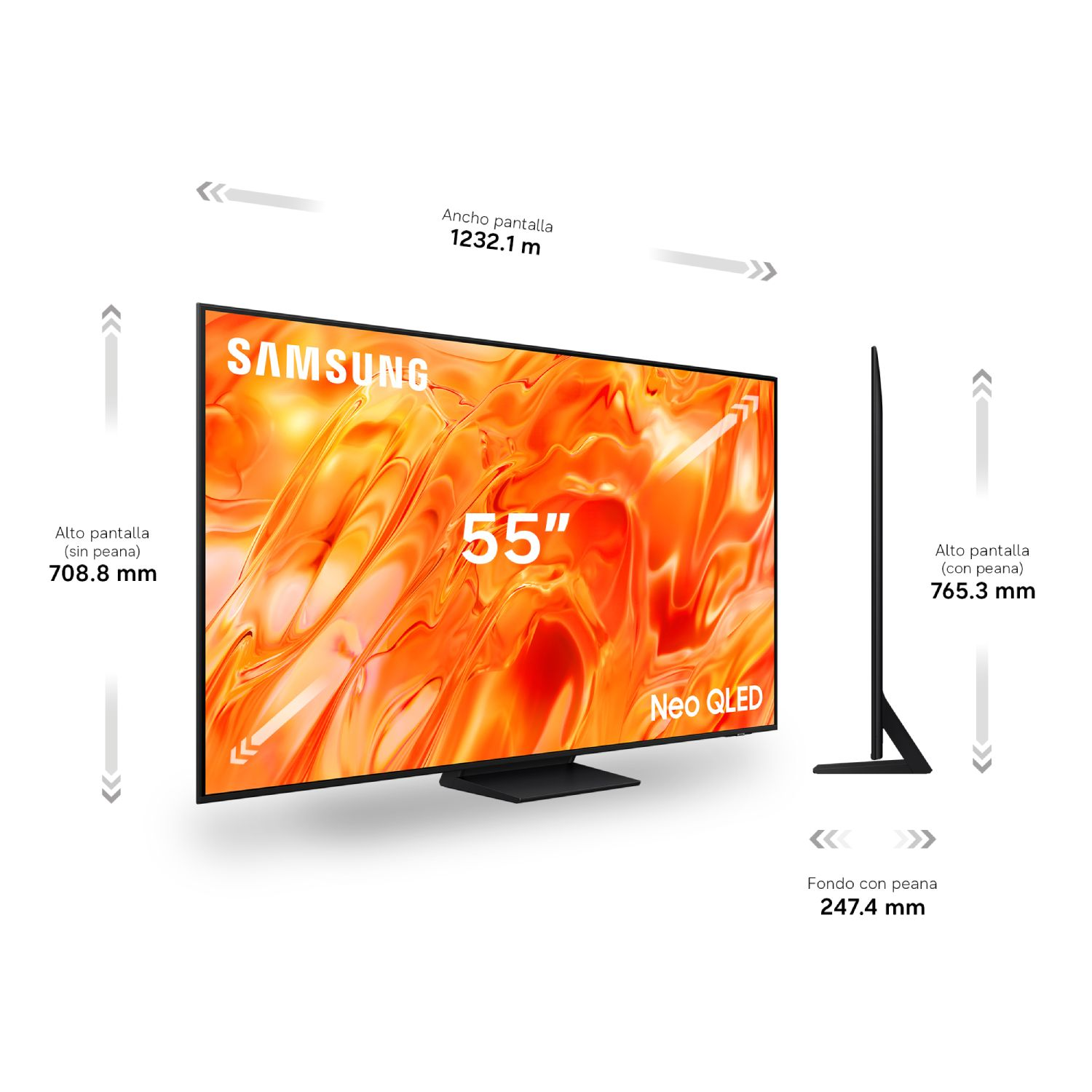Televisor Samsung Neo QLED de 55 pulgadas con dimensiones. Ancho 1232,1 mm.