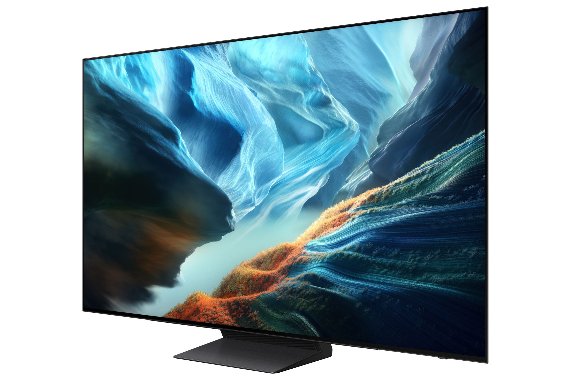 Un televisor moderno con pantalla de paisaje abstracto de montaña azul y verde.