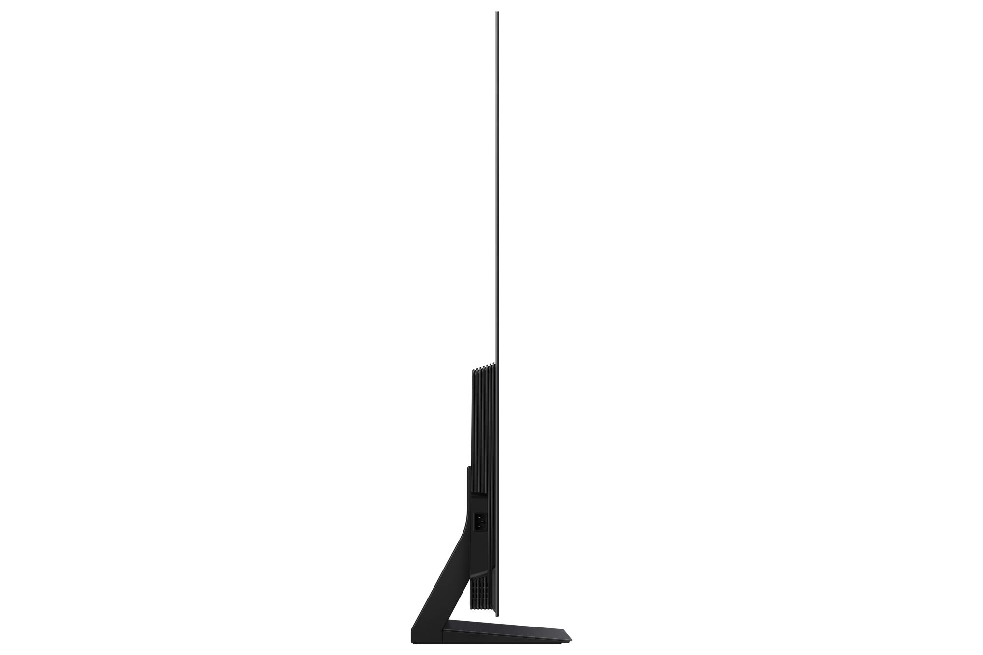 Televisor negro de perfil sobre fondo blanco.