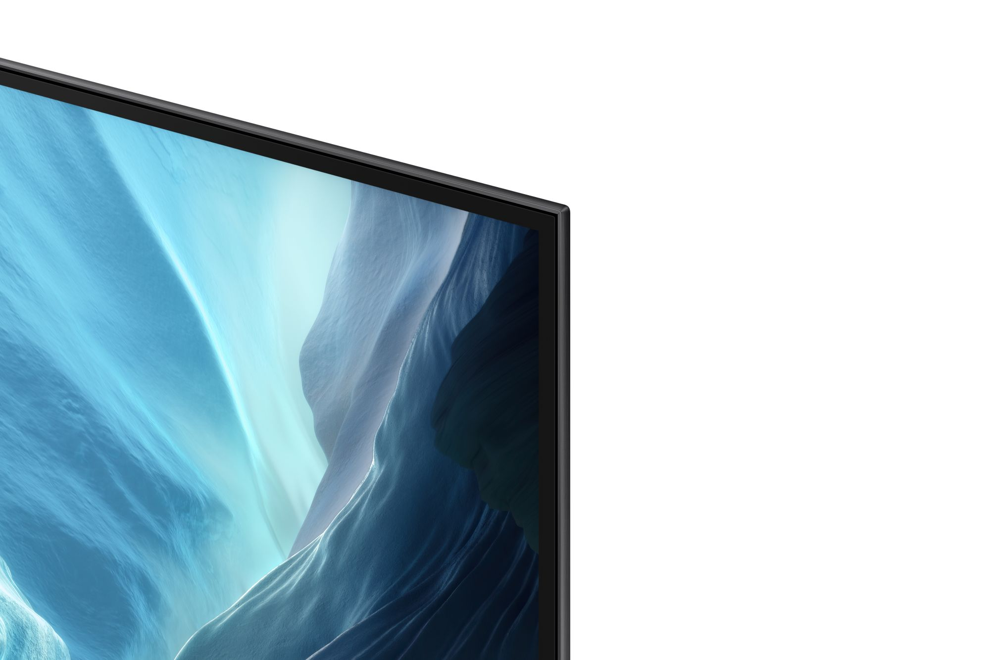 Un televisor moderno que muestra un fondo abstracto azul y blanco.