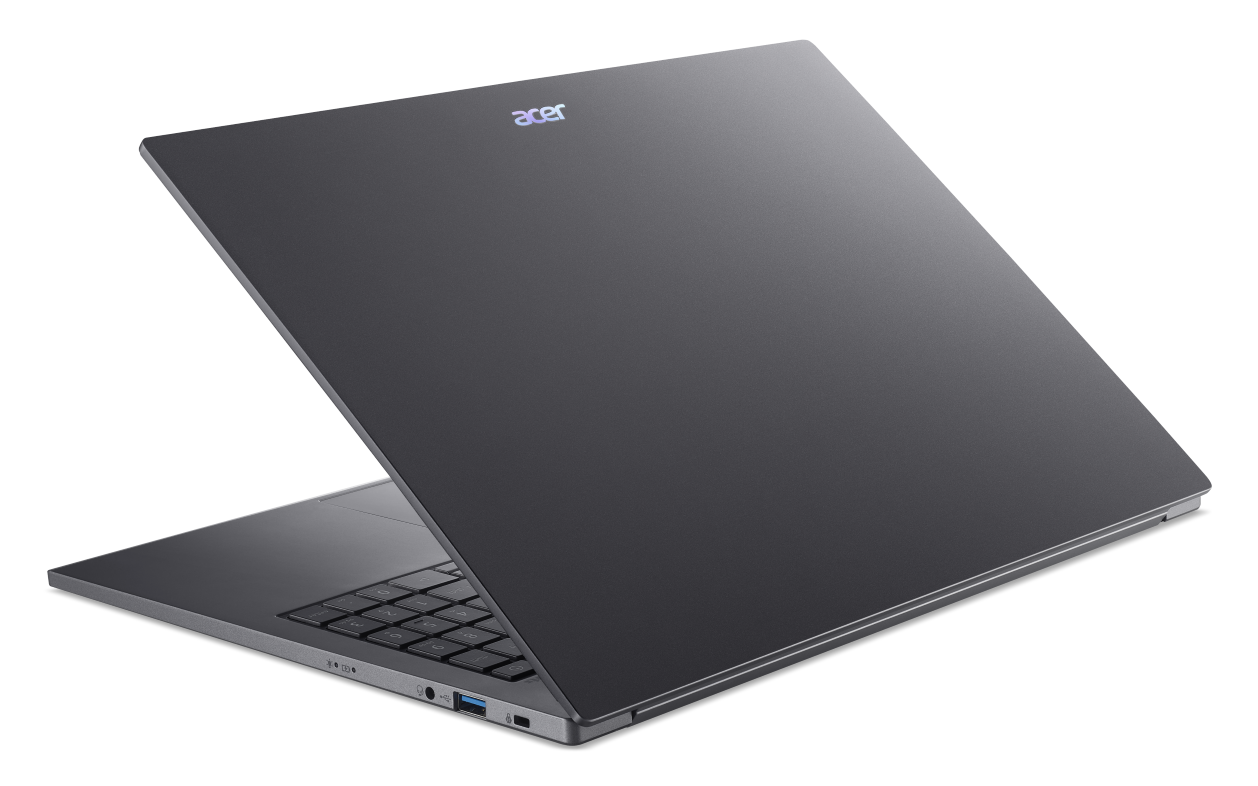 Szary laptop Acer z otwartą pokrywą, widoczna klawiatura i porty.