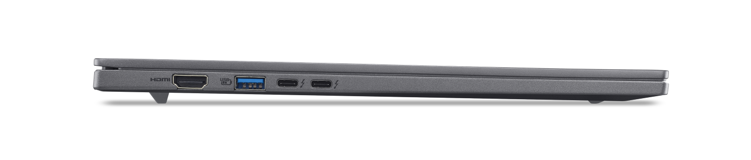 Szary laptop z boku: porty HDMI, USB-A i dwa Thunderbolt 3.