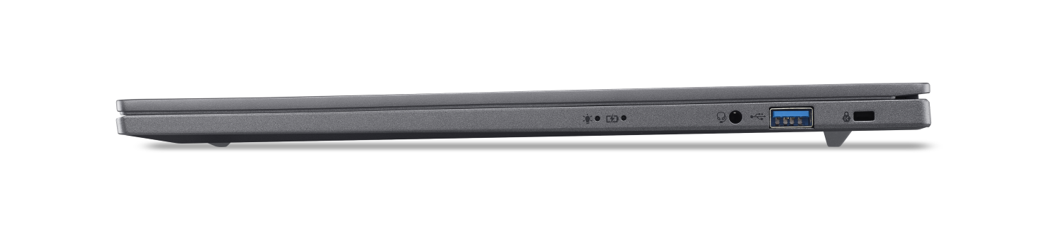 Szara krawędź laptopa z portami: słuchawki, USB, wskaŻnik ładowania.