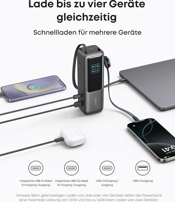 Anker Ladestation mit vier angeschlossenen Geräten: Smartphone, Laptop, Kopfhörer & Handy.