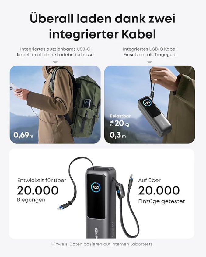 Anker Powerbank mit integrierten USB-C-Kabeln, 0,69m und 0,3m, getestet für 20.000 Biegungen.