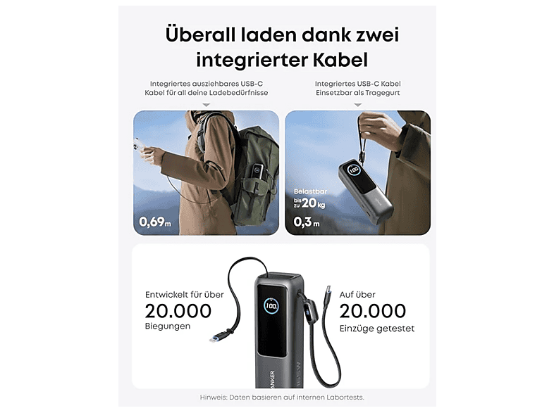 Anker Powerbank (25K, 165W, Integriertes + einziehbares Kabel) schwarz — Foto 3 von 4