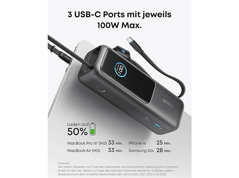 Anker Powerbank (25K, 165W, Integriertes + einziehbares Kabel) schwarz — Foto 4 von 4
