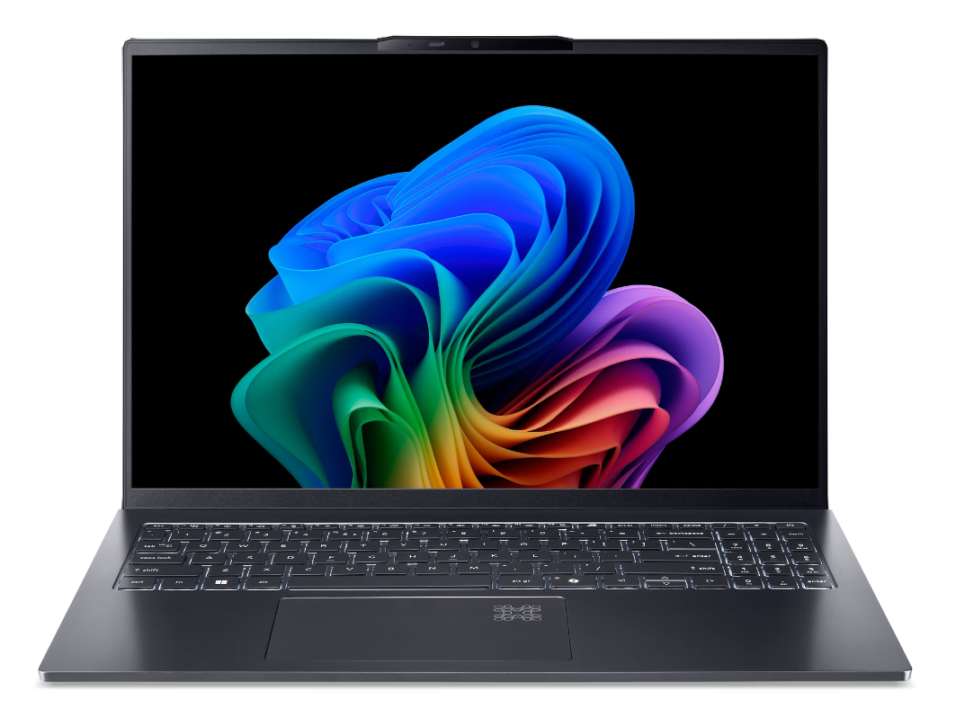 Ciemny laptop wyświetla kolorowe, abstrakcyjne tło z niebieskimi, zielonymi i fioletowymi wirami.