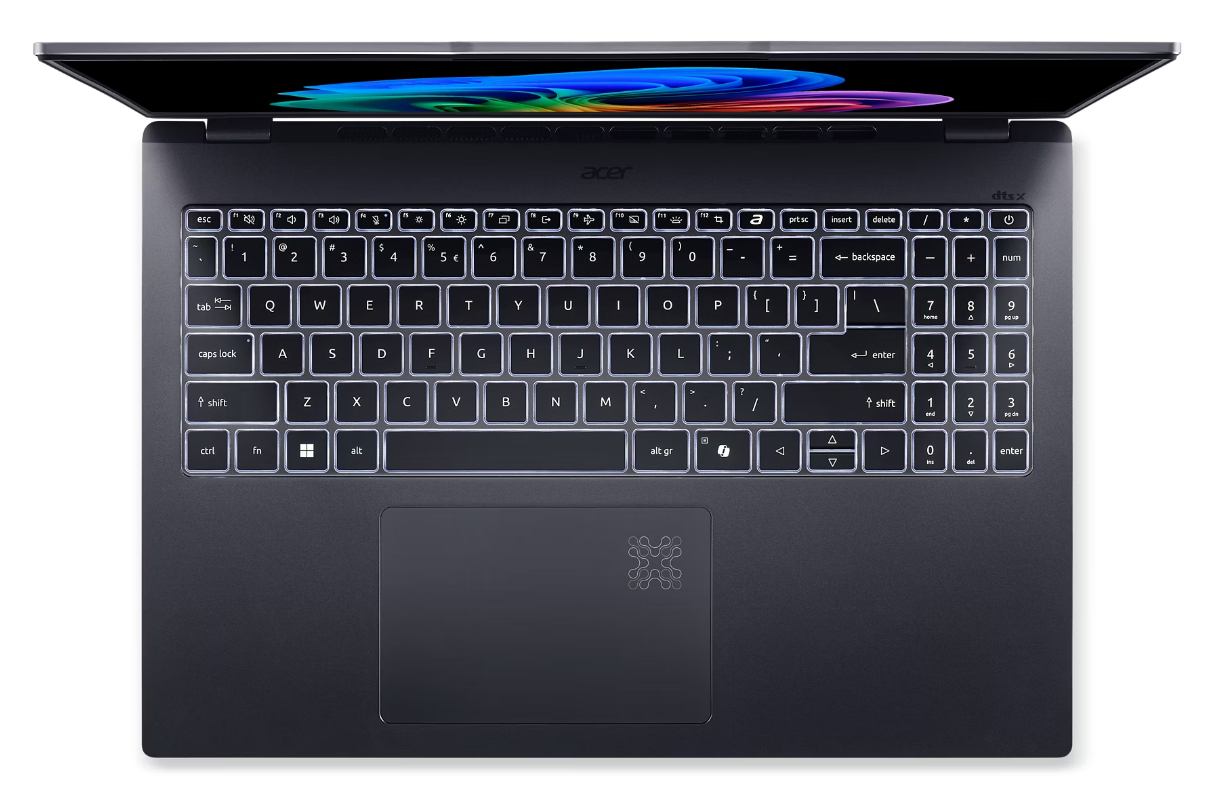 Widok z góry ciemnoszarego laptopa Acer z podświetlanymi klawiszami i kolorowym ekranem.