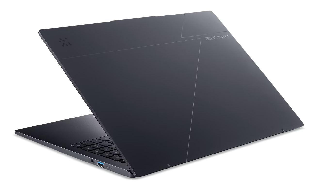 Ciemny laptop Acer Swift, otwarty, pokazujący tył i klawiaturę.