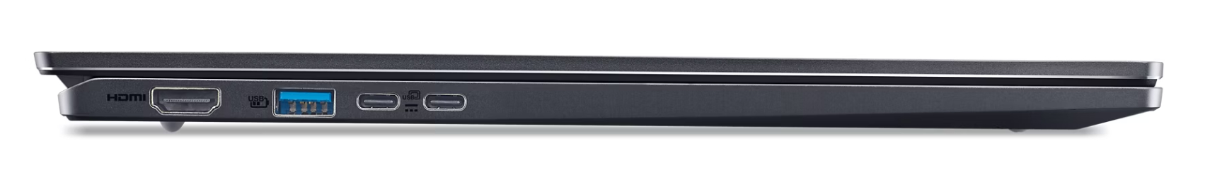 Bok ciemnego laptopa z portami HDMI, USB-A i dwoma USB-C.