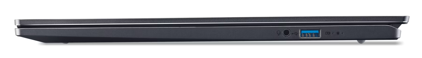 Widok z boku ciemnego laptopa pokazujący porty USB i słuchawkowe.