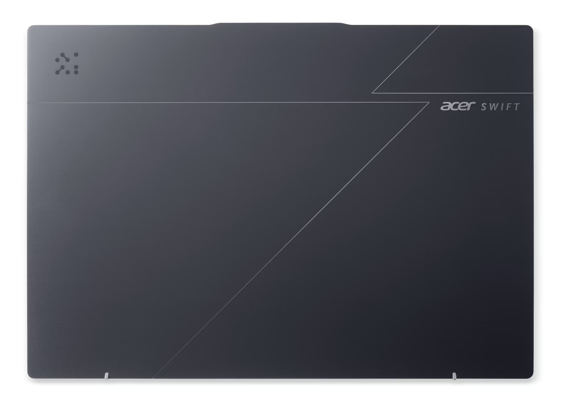 Ciemnoszara pokrywa laptopa z geometrycznymi liniami i logo Acer Swift.
