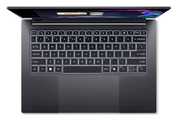 Ciemny laptop Acer z podświ-etlaniem klawiatury, widok z g0ry.