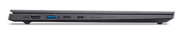 Bok ciemnoszarego laptopa z portami HDMI, USB-A, dwoma USB-C i wskaźnikami.