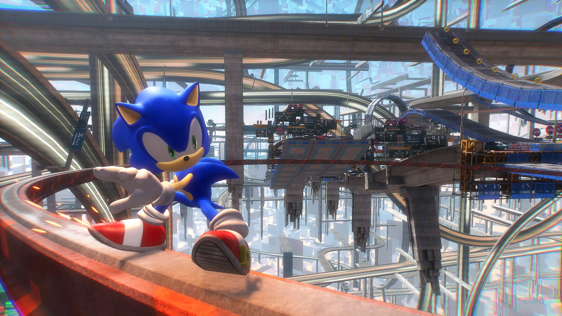 Sonic der Igel rennt auf einer Achterbahn durch eine futuristische Stadt mit vielen Rohren.
