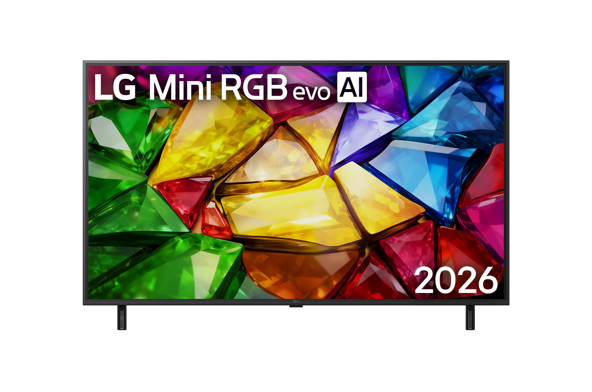TV LG Mini RGB evo AI sur fond abstrait coloré avec l'année 2026.