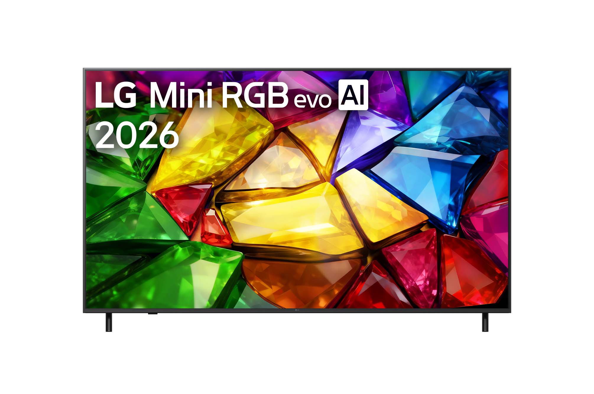 LG Mini RGB evo AI 2026 sur fond de gemmes colorées.