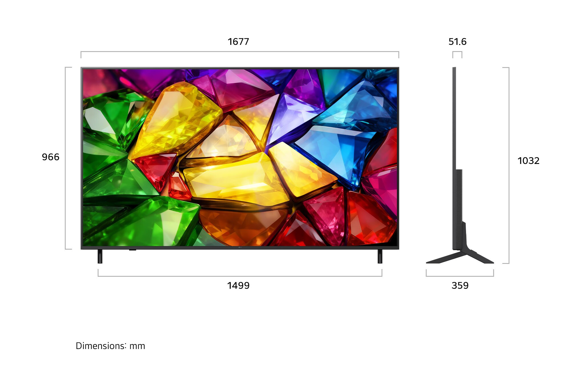 Une TV affichant des gemmes colorées, avec dimensions indiquées.
