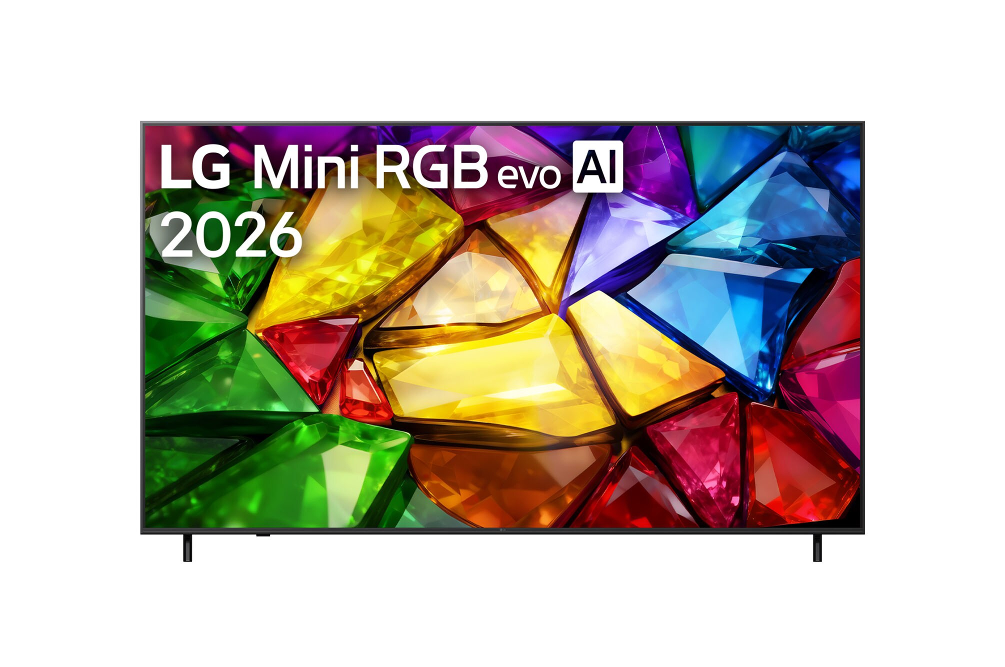 LG Mini RGB evo AI 2026 sur fond de gemmes colorées.