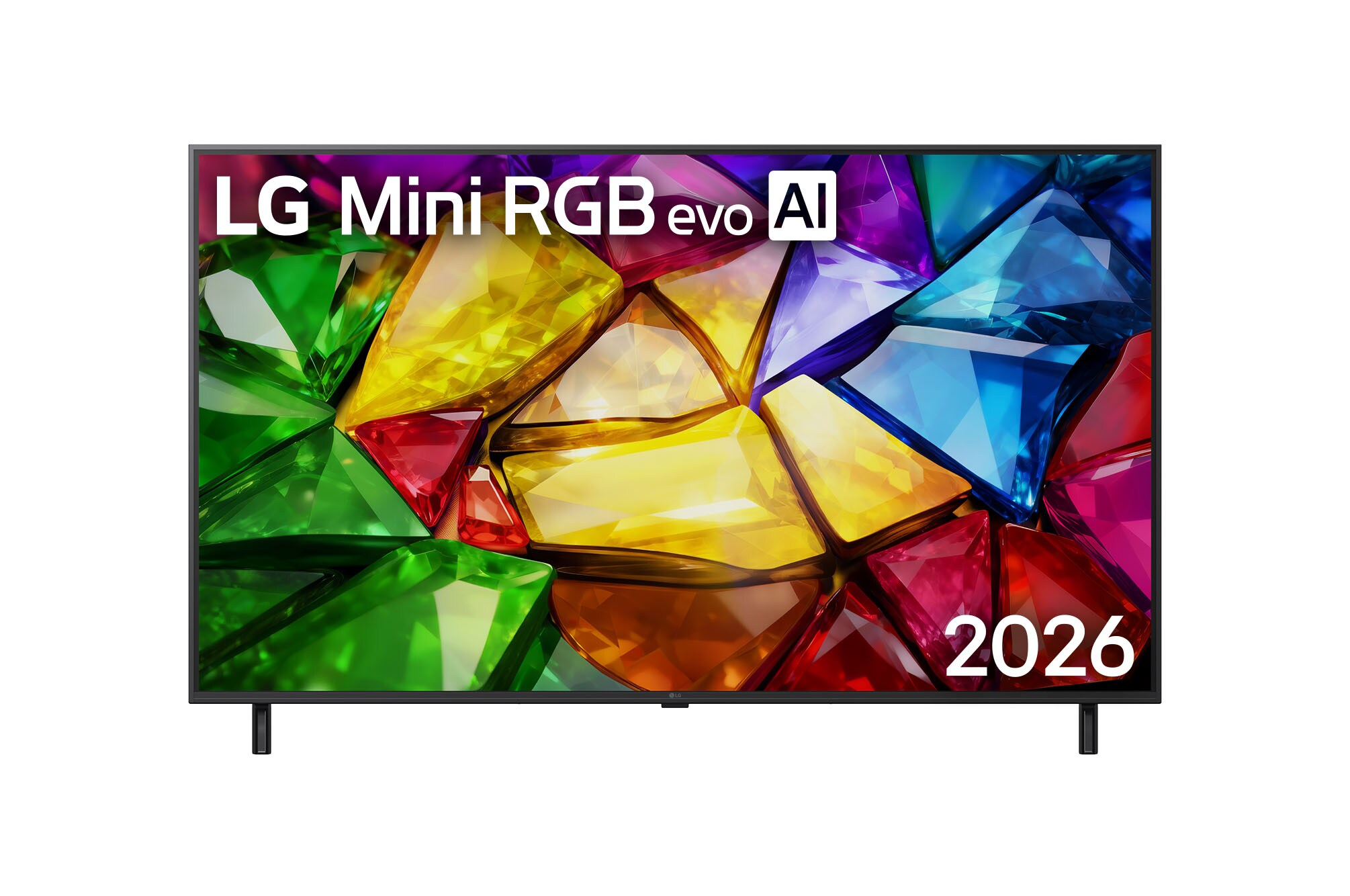 Une TV LG Mini RGB evo AI affichant des gemmes colorées et le nombre 2026.
