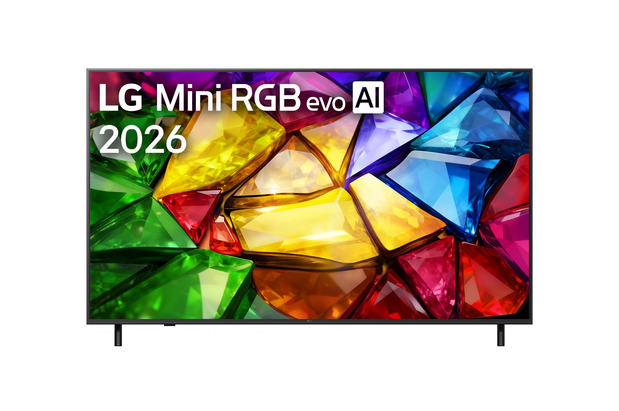 LG Mini RGB evo AI 2026 affiché sur un écran TV avec des graphismes colorés de type cristal.