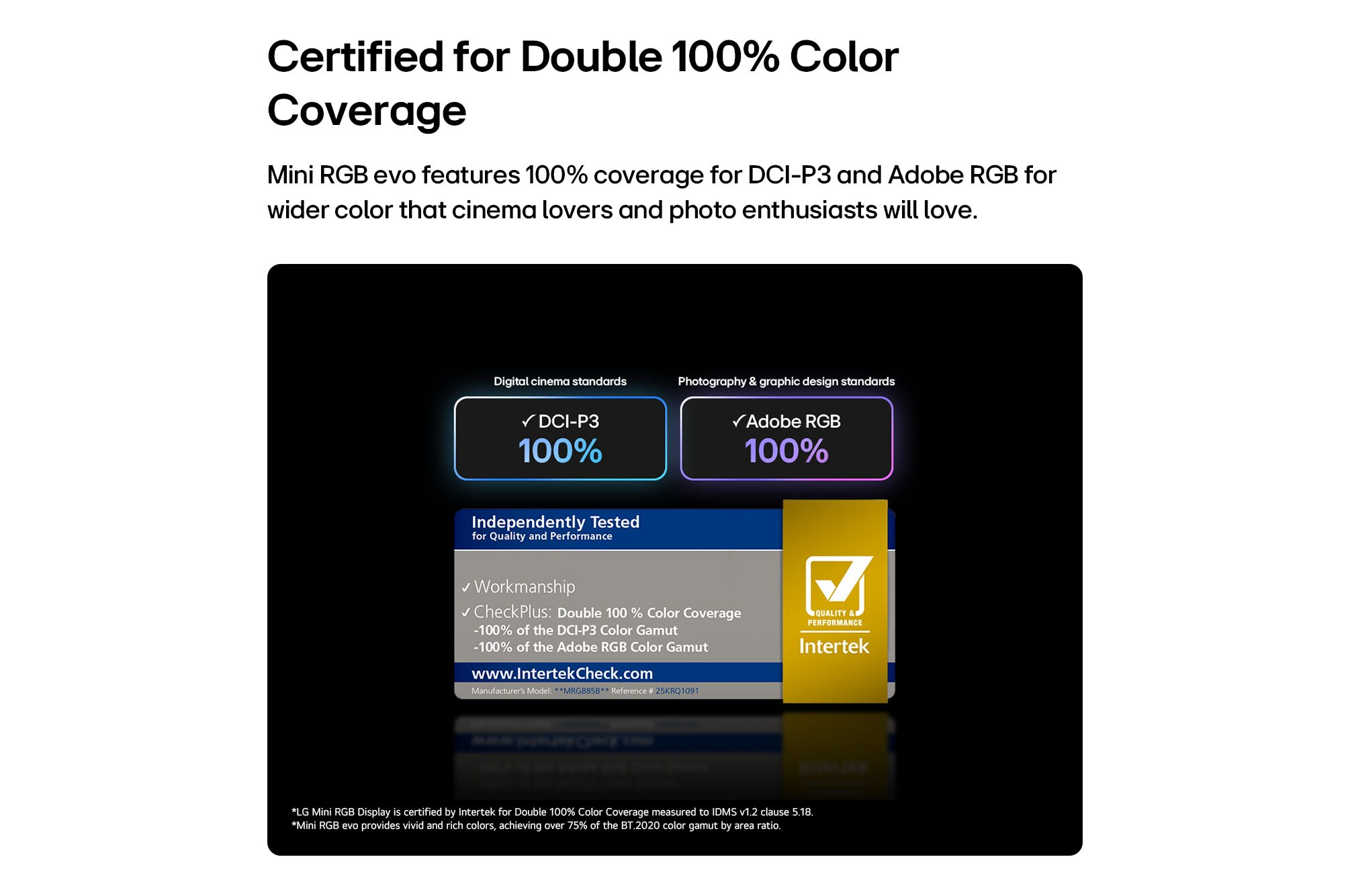 Certifié pour 100% DCI-P3 et 100% Adobe RVB. Testé par Intertek.