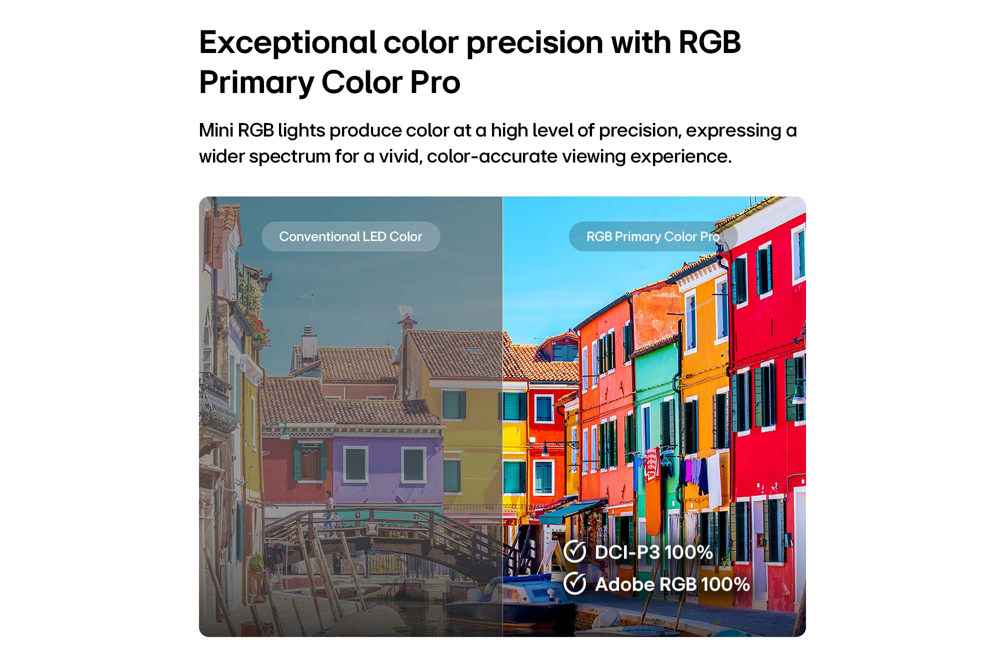 Comparaison côte à côte de la couleur LED vs RGB sur des bâtiments colorés avec texte.