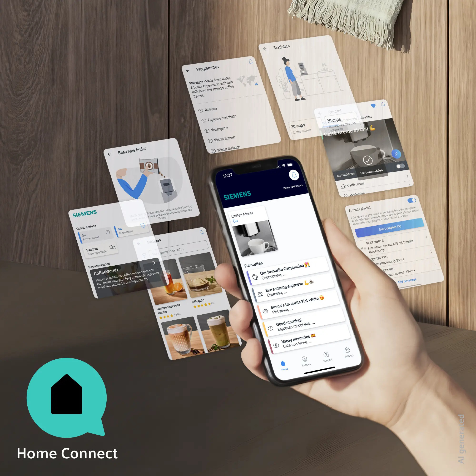 Ręka trzyma smartfon z aplikacją Home Connect wyświetlającą przepisy na ekspres do kawy.