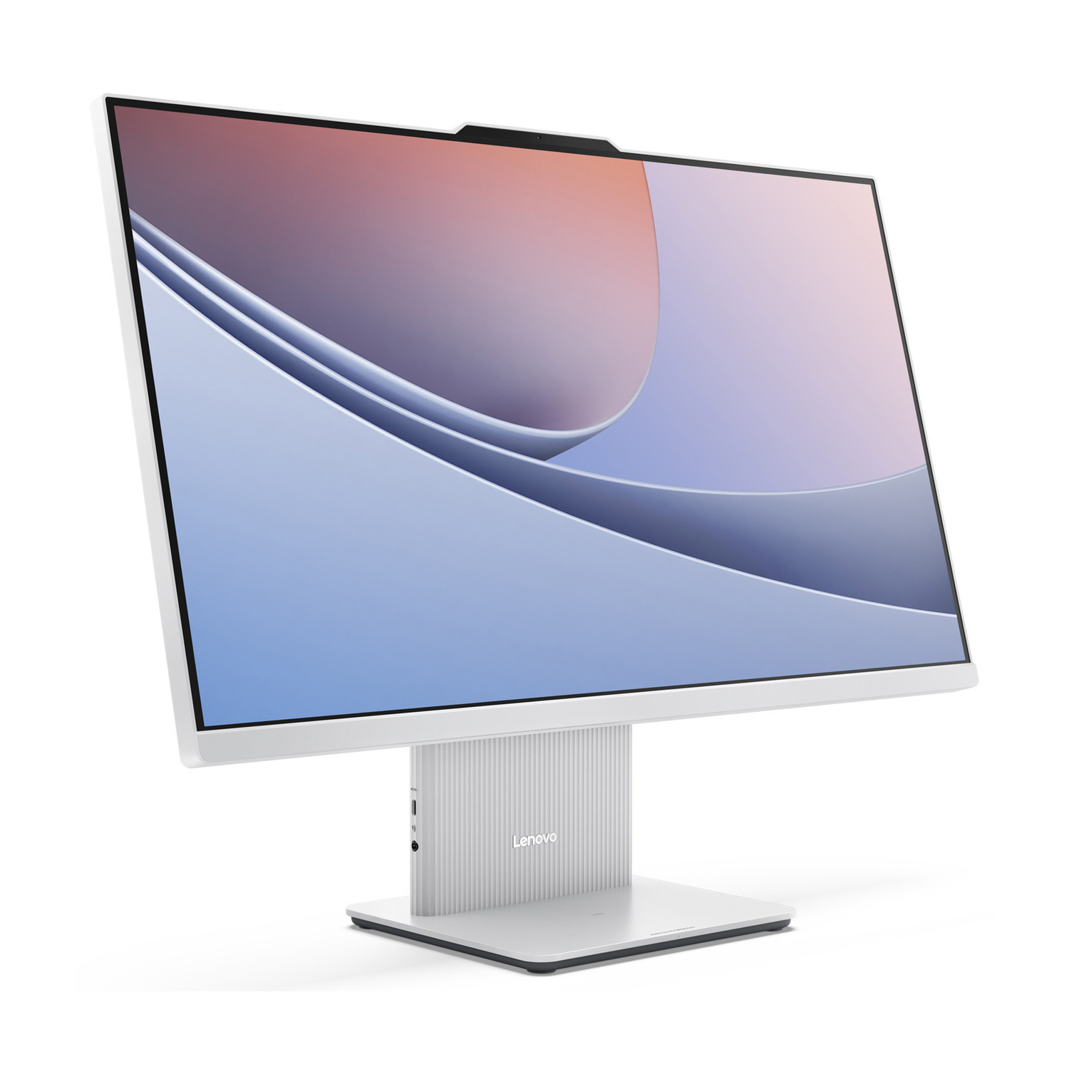 Un PC all-in-one bianco con logo Lenovo e sfondo astratto sullo schermo.