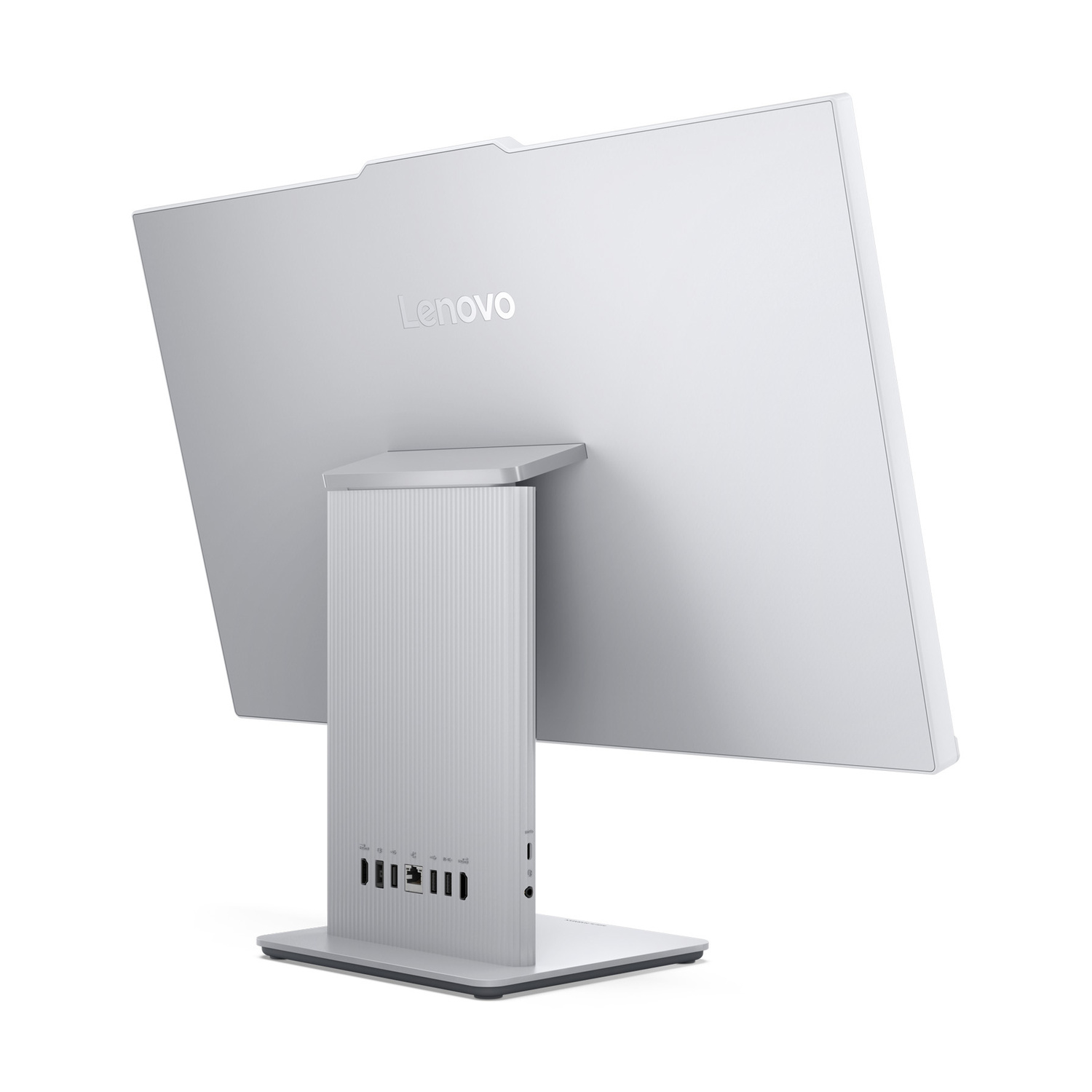 Vista posteriore di un computer all-in-one Lenovo bianco con porte alla base.