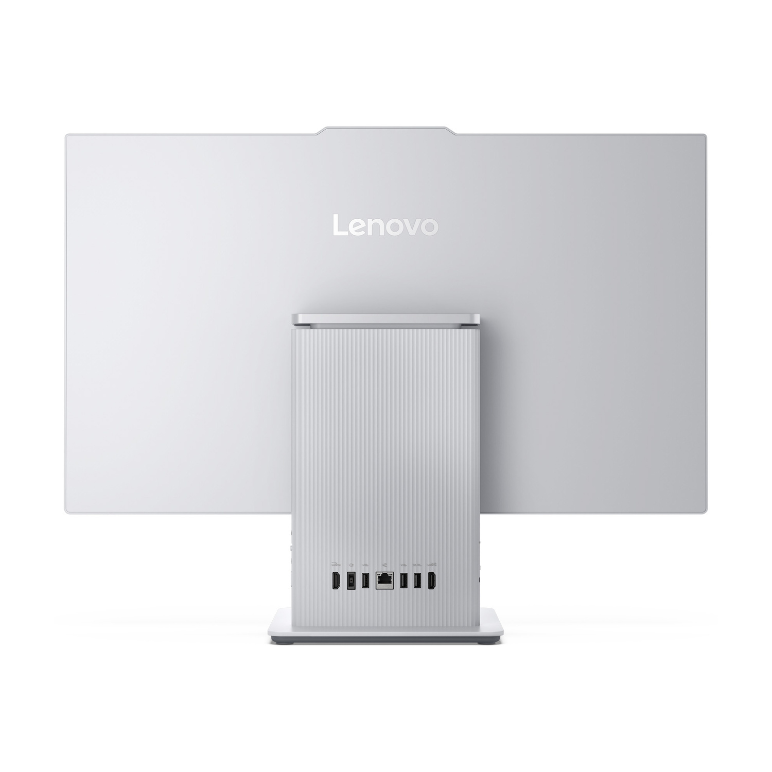 Retro di un computer all-in-one Lenovo bianco con porte.