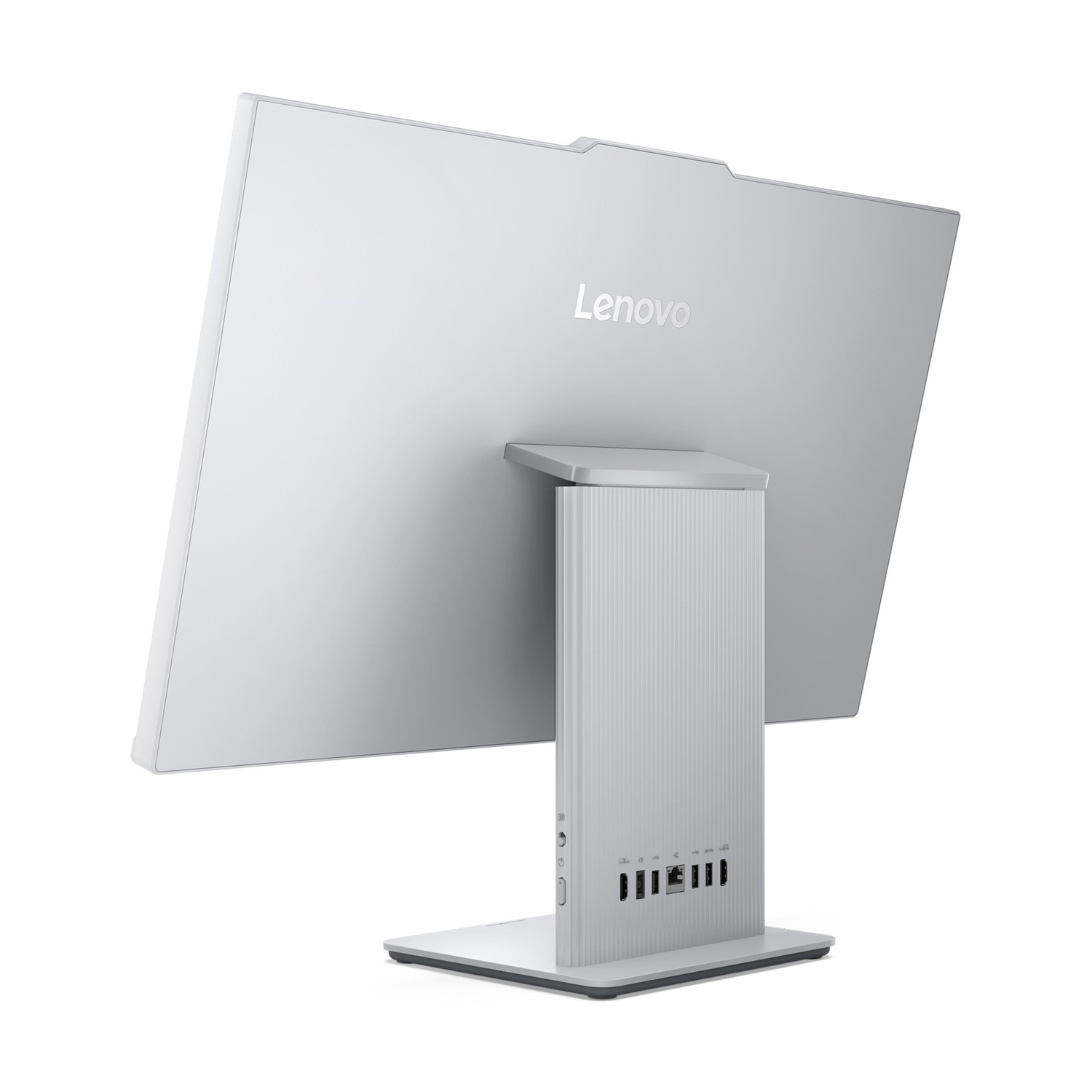 Vista posteriore di un computer all-in-one Lenovo argentato con porte.