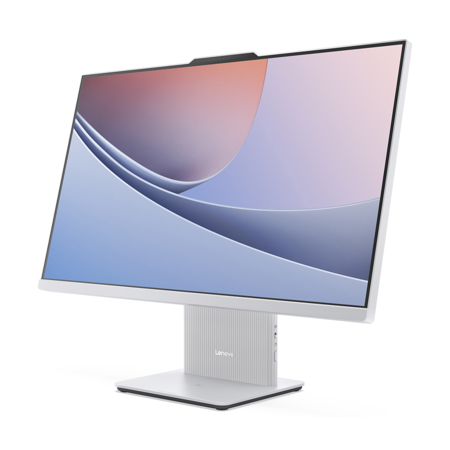 Un computer all-in-one bianco dal design elegante con un ampio schermo che mostra grafiche astratte.