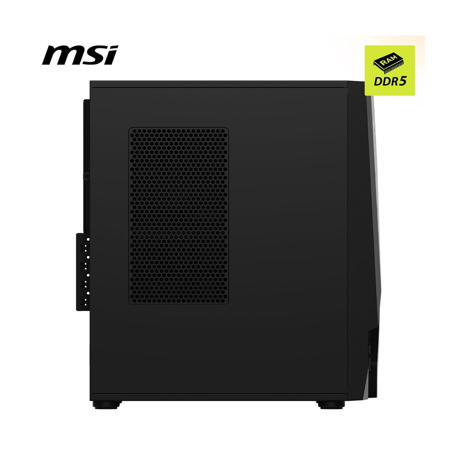 Case PC MSI nero con griglia di ventilazione e logo DDR5 RAM.