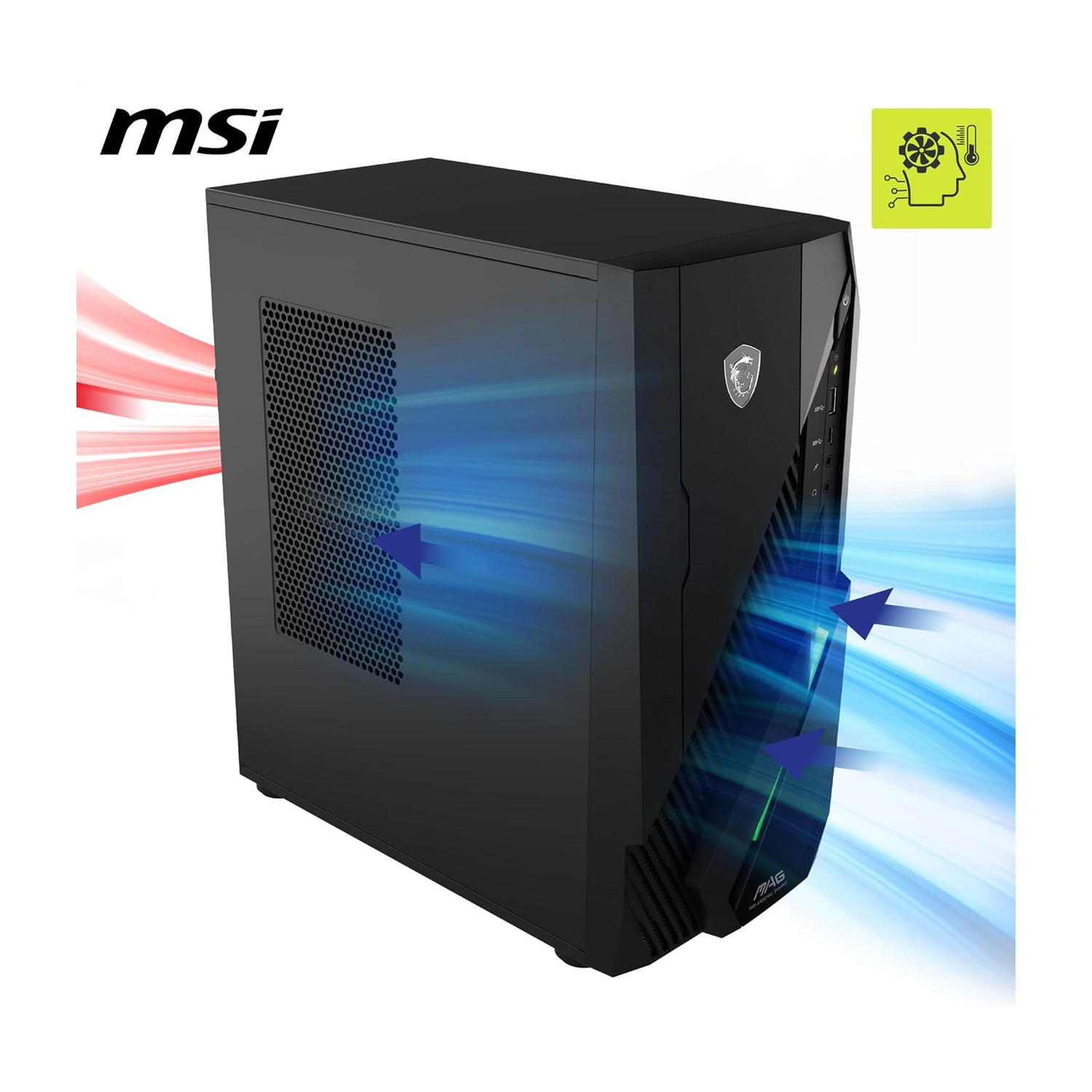 PC gaming MSI con grafica flusso d'aria. Frecce blu indicano ingresso, rosse uscita.