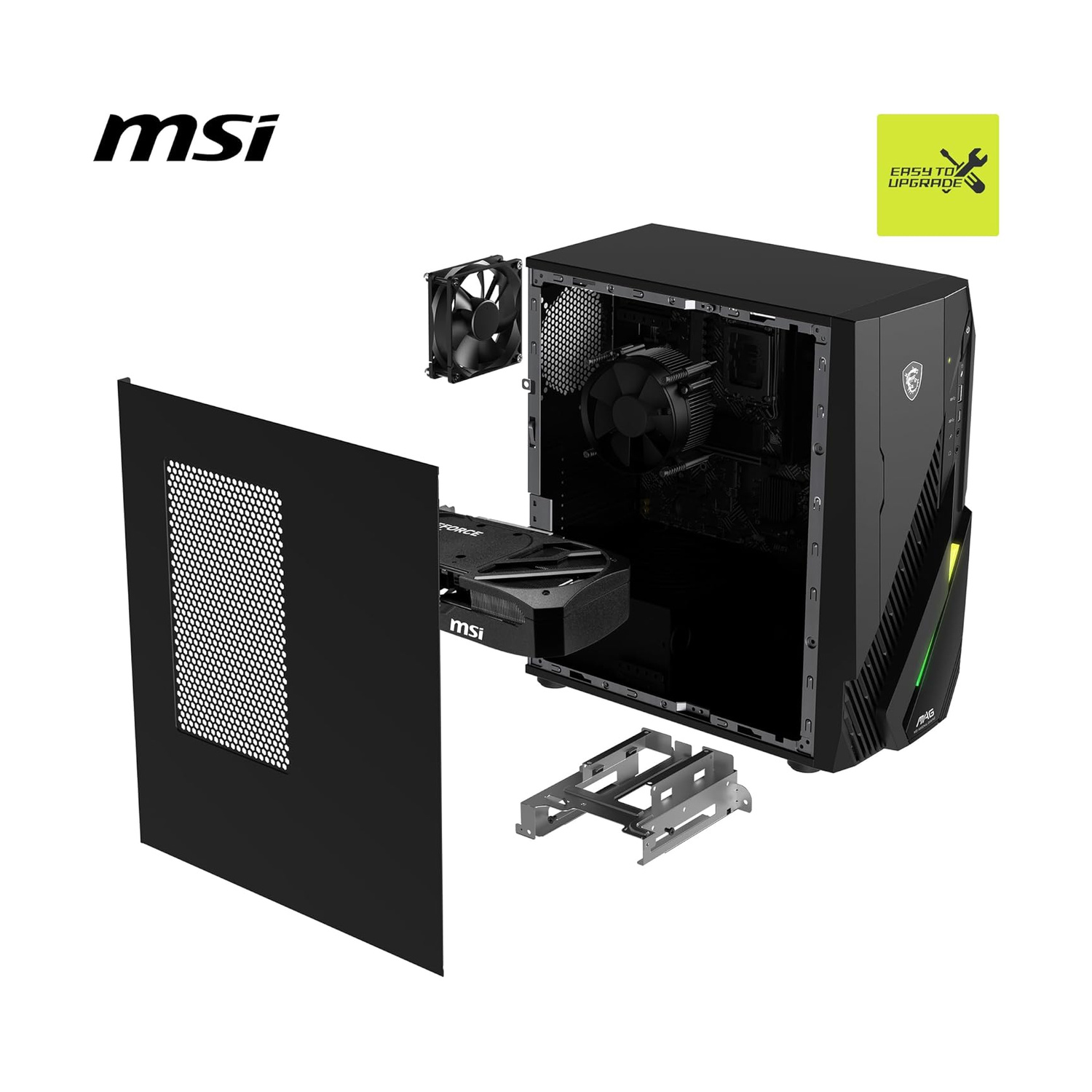 Un PC MSI aperto con scheda grafica, ventola e staffa.