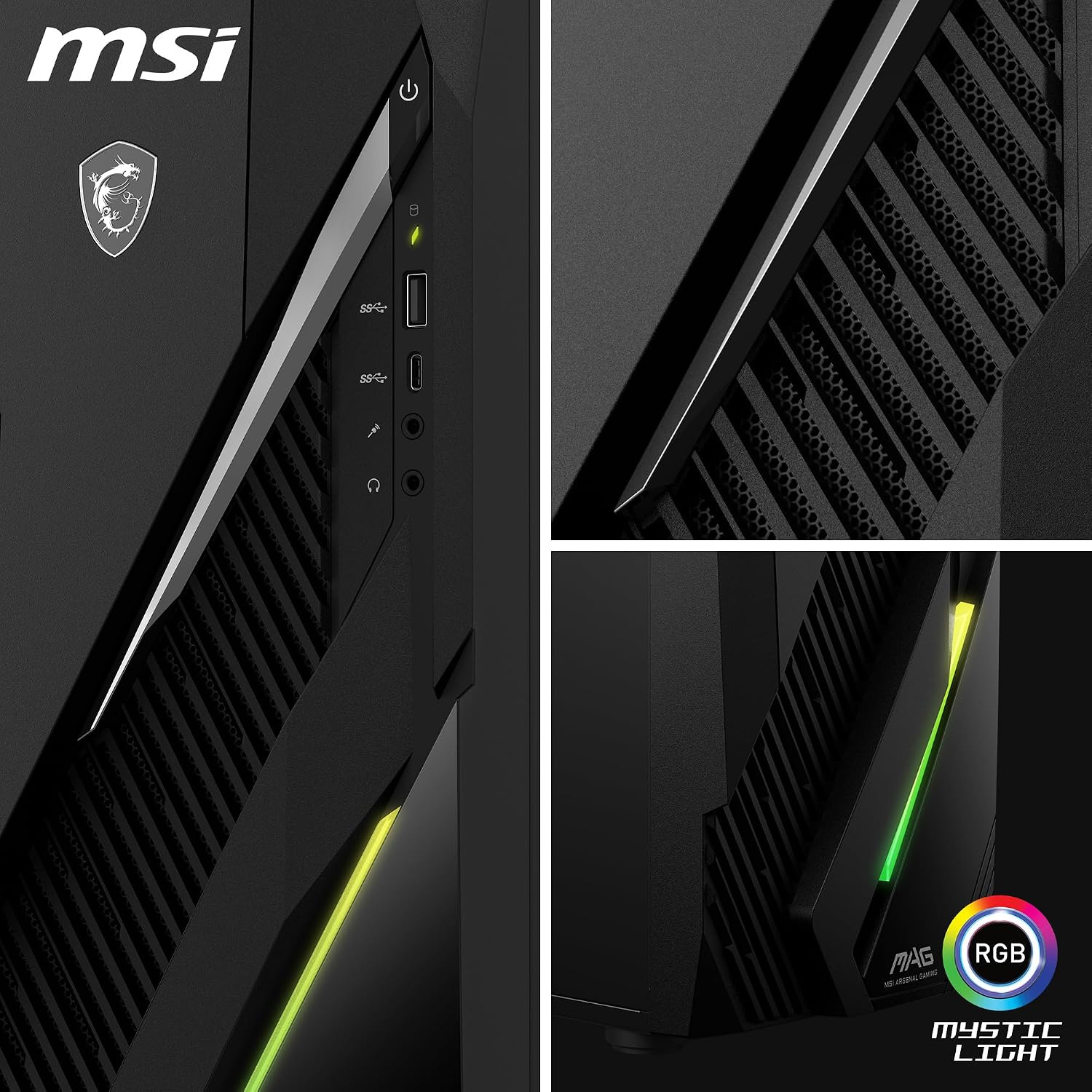 PC gaming MSI nero con accenti luminosi e porte.