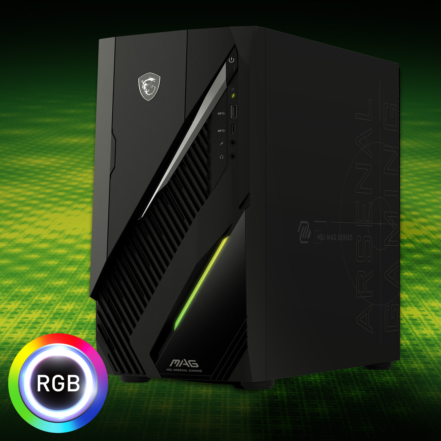 PC da gaming nero con logo MSI, display RGB e sfondo testurizzato verde.