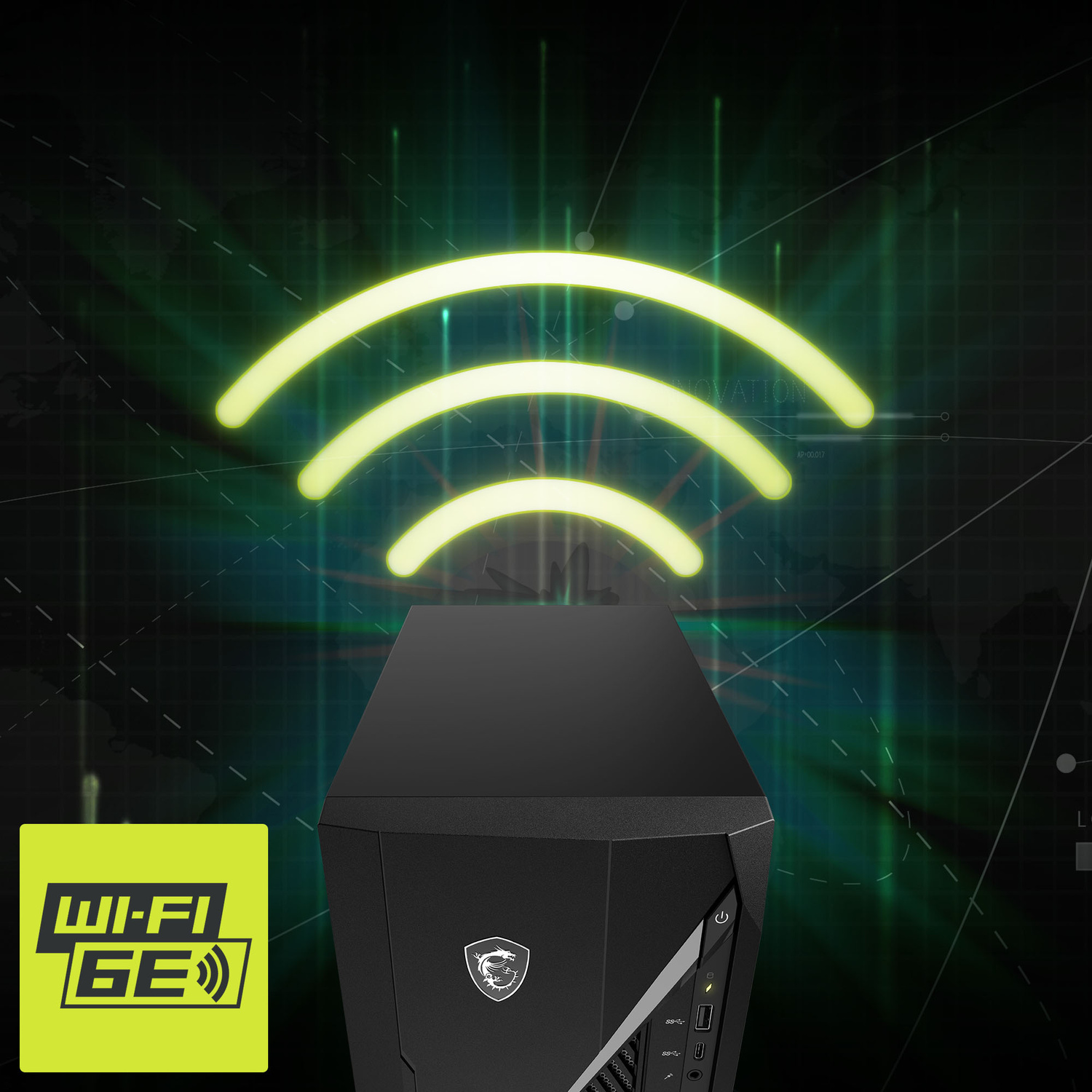 PC nero con simboli Wi-Fi e logo MSI. Sfondo tecnico.